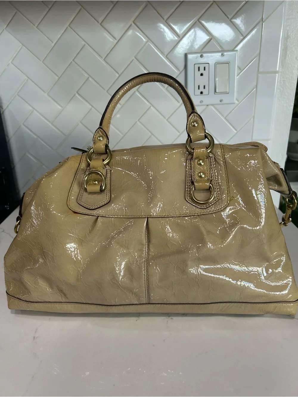 Coach Patent Leather Satchel in Beige-Tan with Gold Hardware